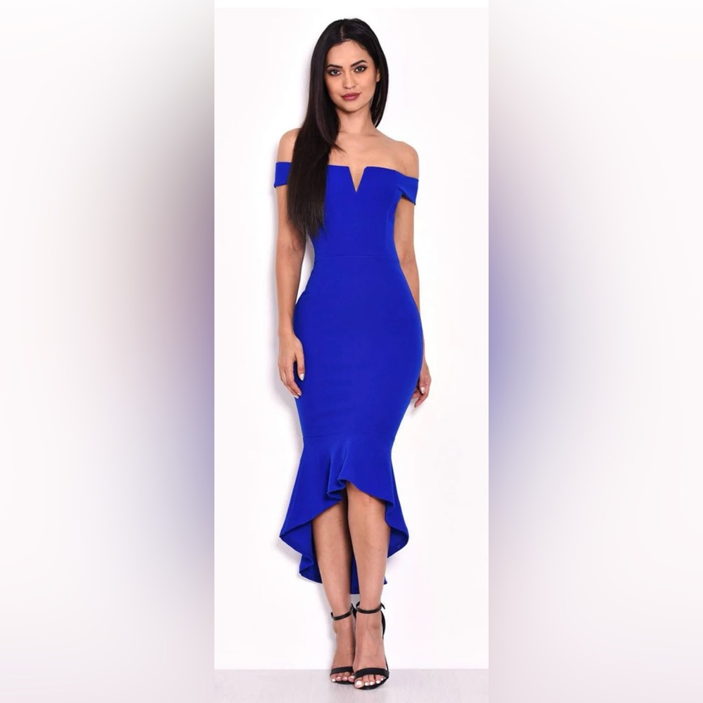 AX PARIS BLUE OFF SHOULDER HIGH LOW DRESS